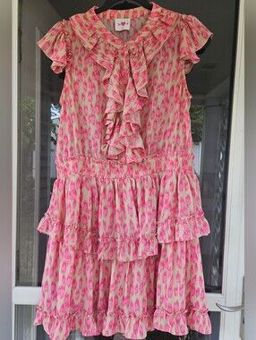 BuddyLove Size S Astrid Ruffle Tiered Pink Mini "Pink Lady" abstract ikat print